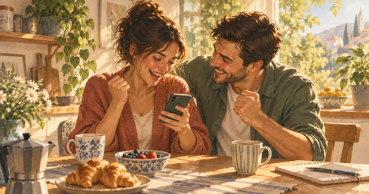 Egy pár örömmel néz meg együtt egy telefonon érkezett jó hírt egy napfényes konyhában