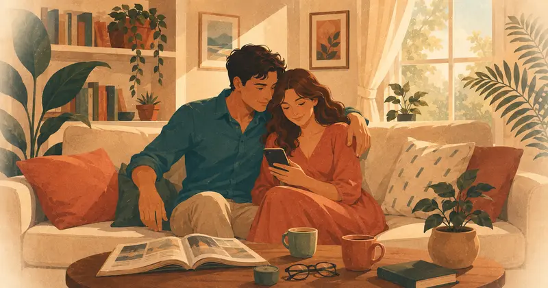 Egy pár együtt nézi a telefonon megjelenő kérdést